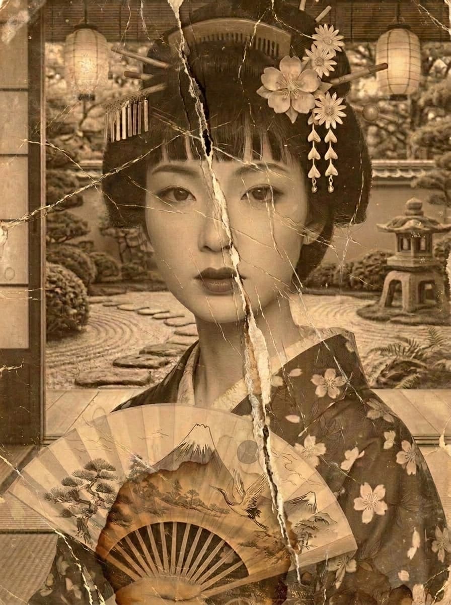 If AI ist used to repair images.. why not use it to destroy images? Tried to give the #geisha image an #old and #destroyed look, with some coffee spilled over it. What do you think?