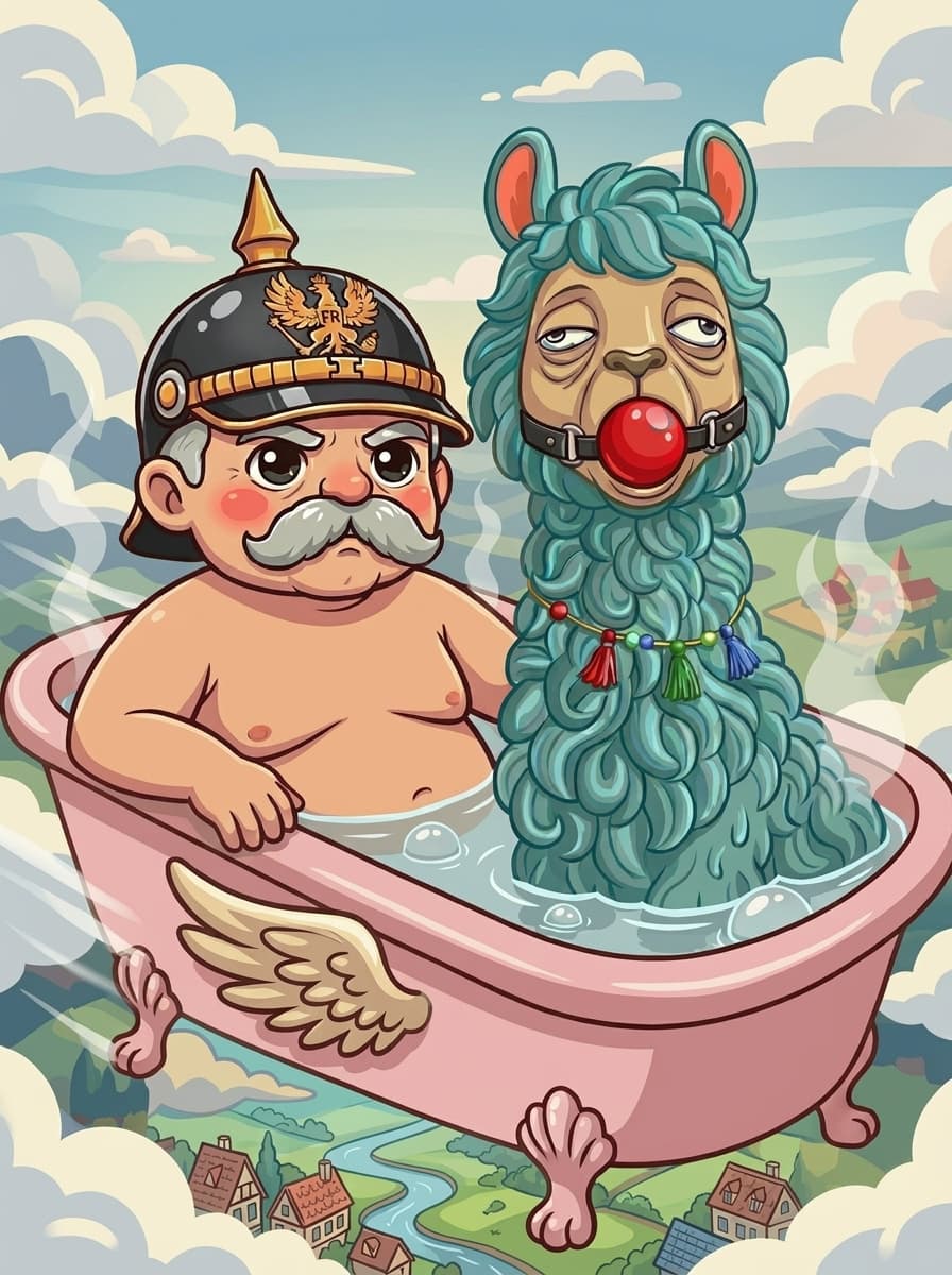 A new #bathtub picture featuring #Bismarck and the #llama. Made with Google Flow