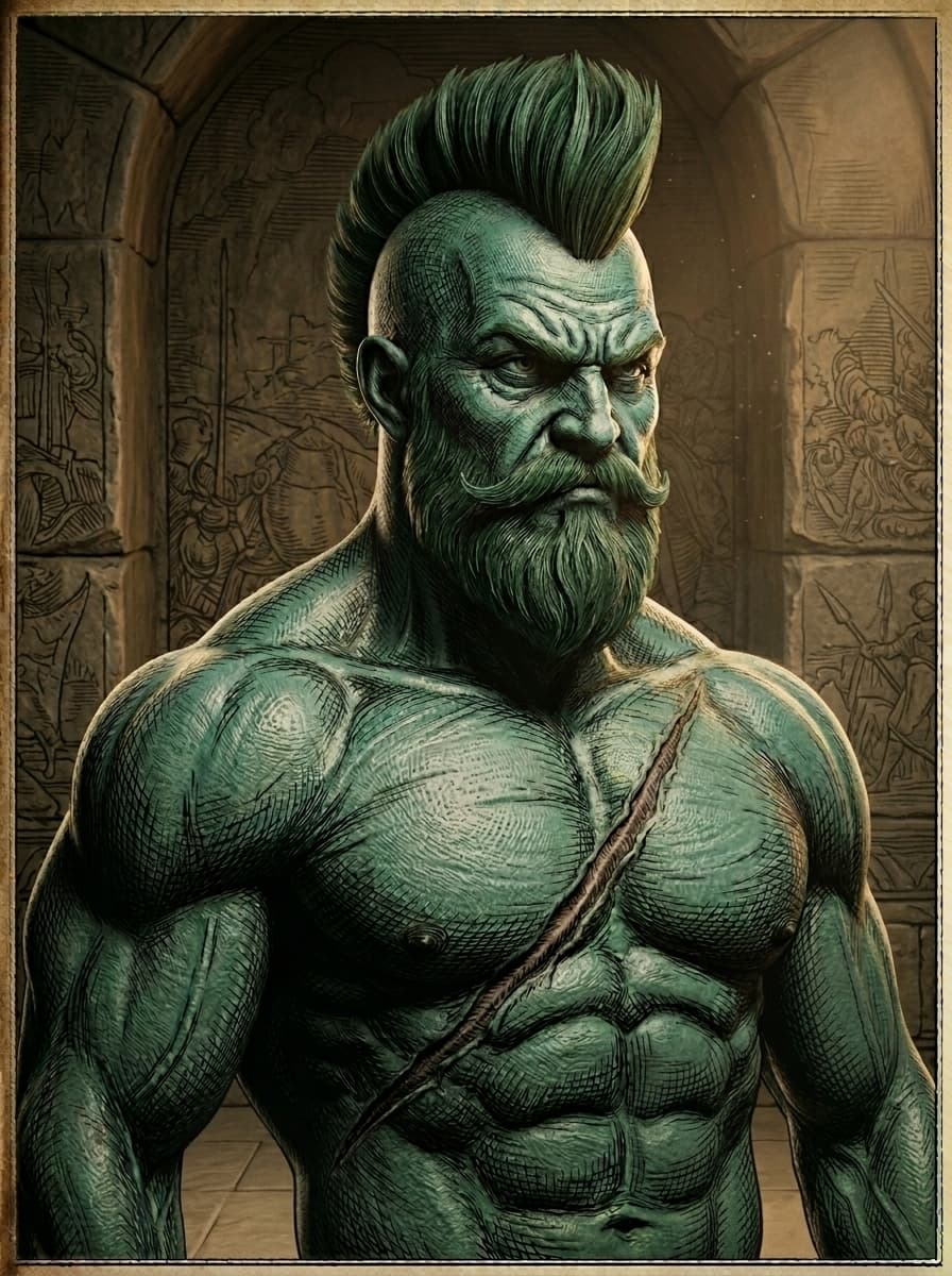 Some parts of a character evolution. Started with realism and got this # manga #dürer and unreal engine mixed #bearded #muscular #punk guy with a #scar