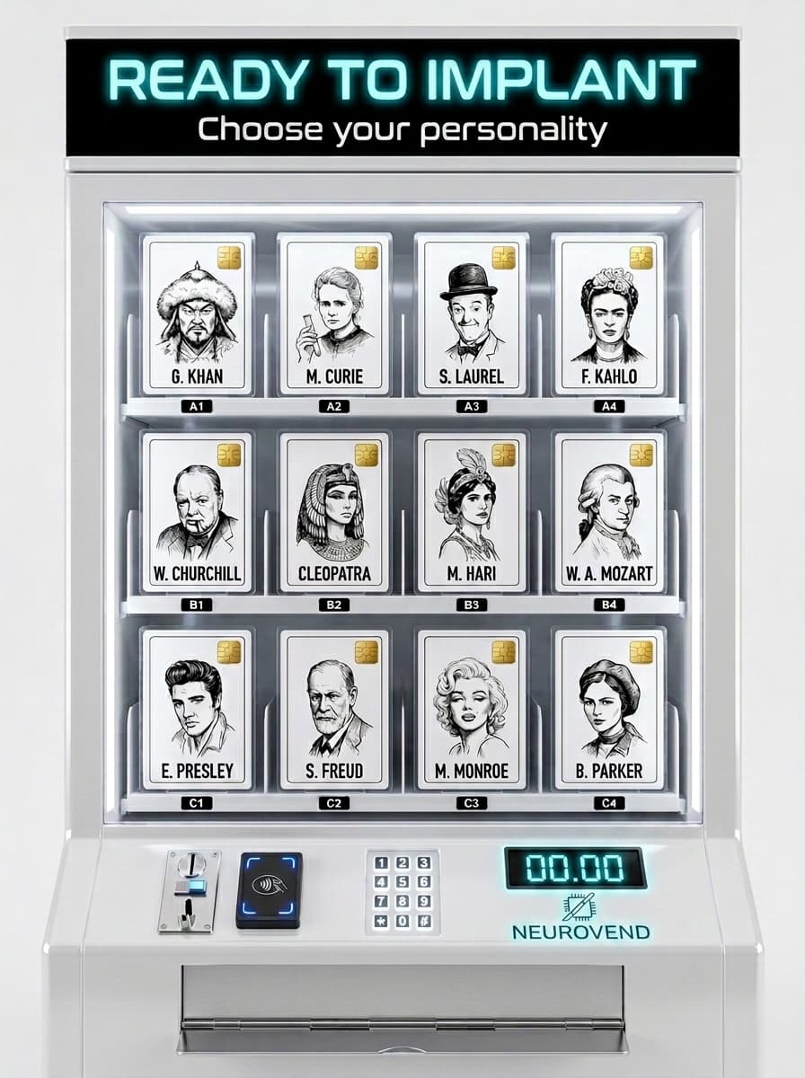 #NEUROVEND #Vending #machine. Made for a reddit challenge ////
Optimize your self!
Do you often feel weak, uncreative, or inferior? Are you frequently overlooked in negotiations, ignored by the opposite sex, intellectually inferior to your surroundings, and considered a boring party popper?
You can change that today with the unique personality chips from NEUROVEND.
Completely without lengthy therapy, completely without any effort on your part, a new person will be made out of you. Simply swap your old self for a better new one.