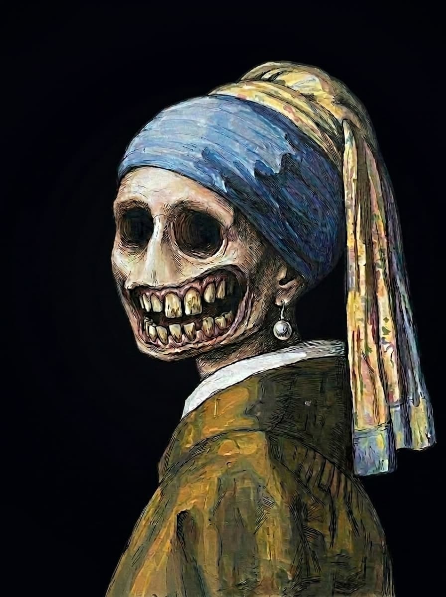 "Repainted" the famous girl with the pearl earring by #Vermeer in a #weird, #creepy (and #ugly) style. Done with Google Flow.