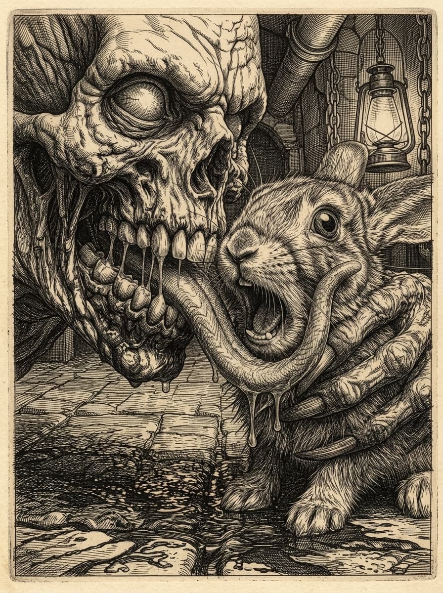 Tried some #morbid stuff (here in a #Duerer style- if you like I have more realistic stuff too) by using a reference image from a questionable parody of the German book "Struwwelpeter" - but one image fascinated me. In that way image 4 and 5 were born. Dropped it into GenTube which resulted in image 3 and further iterated it - resulting in image 1. After that I tried to make a #creepy #bunny