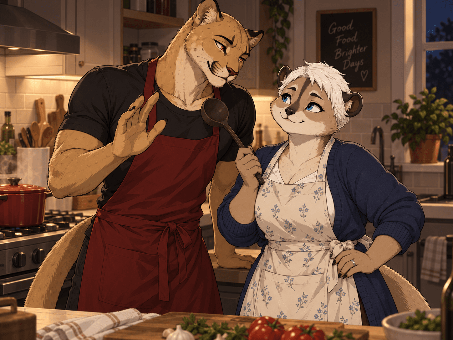 Crowhurst OCs: Fallon/Macy cooking for date night #originalcharacter #oc #fallonbrannick #macyfoxlowe #anthro #furry #aiart