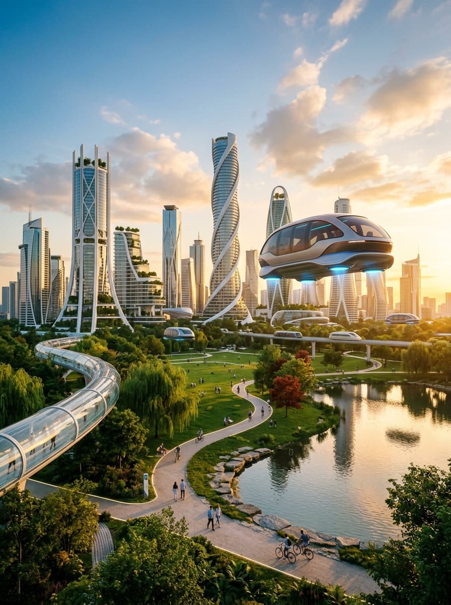 Some #futuristic #cities /// Prompt: distinctive architecture of a futuristic utopic city with a very green natural landscape, varied building heights and diverse building shapes, high towers made from glass and white metal with unique structural details and landmark design. Minimalist composition, less cluttered, spacious layout with large green parks, trees, lakes and pathways between buildings. Hovering futuristic vehicles with detailed aerodynamic pod-like bodies, tinted panoramic windows, visible anti-gravity emitters, soft blue glow underneath, subtle air distortion, varied sizes and models. No wheels, no tires, no wheel wells, seamless undercarriage, magnetic levitation. Transparent transit tubes for people with pedestrians inside. Photorealistic, ultra realistic DSLR photo, 8k, shot on Sony A7R IV with 24mm lens, f/8. Golden hour intense, warm sunset light, long soft shadows, clear sky with dramatic clouds, perfect visibility. Natural reflections on glass, realistic materials, slight lens flare, subtle film grain. Moderate amount of people living everyday life, walking, cycling. Vibrant but natural colors, high sharpness, well detailed, clear and defined elements, calm atmosphere. --cfg 6.5 --steps 45 --negative "Stone or wood architecture, not futuristic, normal cars, wheels, tires, wheel wells, axles, rims, toy, plastic, smooth blob, identical vehicles, busy, overcrowded, identical buildings, repetitive architecture, vehicle with wheels, cartoon, 3d render, cgi" --neg-weight 1.5 --denoise 0.75