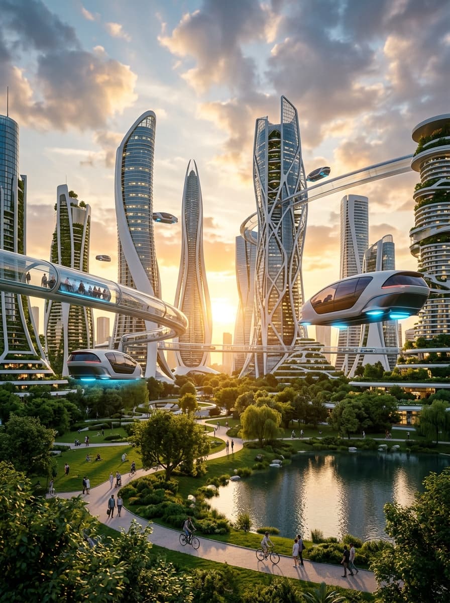 Some #futuristic #cities /// Prompt: distinctive architecture of a futuristic utopic city with a very green natural landscape, varied building heights and diverse building shapes, high towers made from glass and white metal with unique structural details and landmark design. Minimalist composition, less cluttered, spacious layout with large green parks, trees, lakes and pathways between buildings. Hovering futuristic vehicles with detailed aerodynamic pod-like bodies, tinted panoramic windows, visible anti-gravity emitters, soft blue glow underneath, subtle air distortion, varied sizes and models. No wheels, no tires, no wheel wells, seamless undercarriage, magnetic levitation. Transparent transit tubes for people with pedestrians inside. Photorealistic, ultra realistic DSLR photo, 8k, shot on Sony A7R IV with 24mm lens, f/8. Golden hour intense, warm sunset light, long soft shadows, clear sky with dramatic clouds, perfect visibility. Natural reflections on glass, realistic materials, slight lens flare, subtle film grain. Moderate amount of people living everyday life, walking, cycling. Vibrant but natural colors, high sharpness, well detailed, clear and defined elements, calm atmosphere. --cfg 6.5 --steps 45 --negative "Stone or wood architecture, not futuristic, normal cars, wheels, tires, wheel wells, axles, rims, toy, plastic, smooth blob, identical vehicles, busy, overcrowded, identical buildings, repetitive architecture, vehicle with wheels, cartoon, 3d render, cgi" --neg-weight 1.5 --denoise 0.75