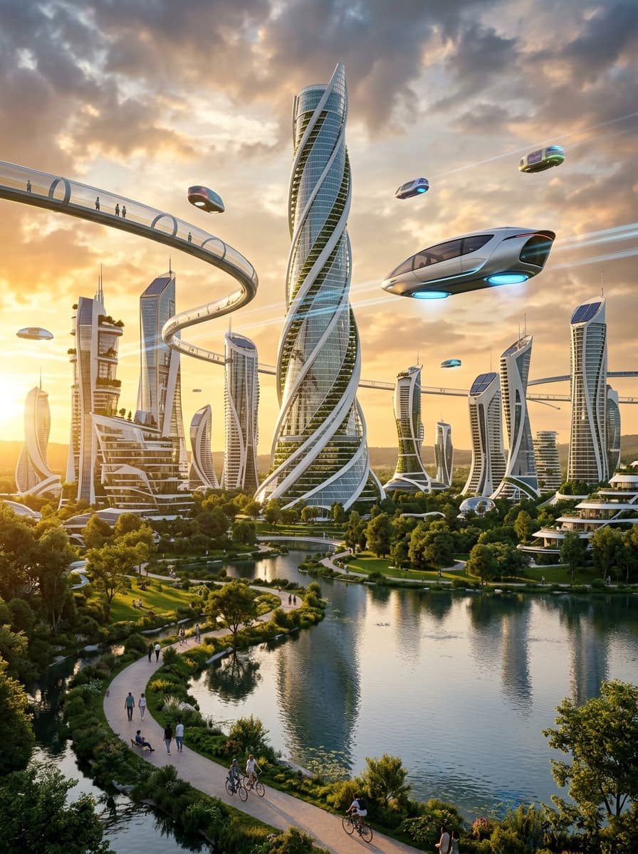 Some #futuristic #cities /// Prompt: distinctive architecture of a futuristic utopic city with a very green natural landscape, varied building heights and diverse building shapes, high towers made from glass and white metal with unique structural details and landmark design. Minimalist composition, less cluttered, spacious layout with large green parks, trees, lakes and pathways between buildings. Hovering futuristic vehicles with detailed aerodynamic pod-like bodies, tinted panoramic windows, visible anti-gravity emitters, soft blue glow underneath, subtle air distortion, varied sizes and models. No wheels, no tires, no wheel wells, seamless undercarriage, magnetic levitation. Transparent transit tubes for people with pedestrians inside. Photorealistic, ultra realistic DSLR photo, 8k, shot on Sony A7R IV with 24mm lens, f/8. Golden hour intense, warm sunset light, long soft shadows, clear sky with dramatic clouds, perfect visibility. Natural reflections on glass, realistic materials, slight lens flare, subtle film grain. Moderate amount of people living everyday life, walking, cycling. Vibrant but natural colors, high sharpness, well detailed, clear and defined elements, calm atmosphere. --cfg 6.5 --steps 45 --negative "Stone or wood architecture, not futuristic, normal cars, wheels, tires, wheel wells, axles, rims, toy, plastic, smooth blob, identical vehicles, busy, overcrowded, identical buildings, repetitive architecture, vehicle with wheels, cartoon, 3d render, cgi" --neg-weight 1.5 --denoise 0.75