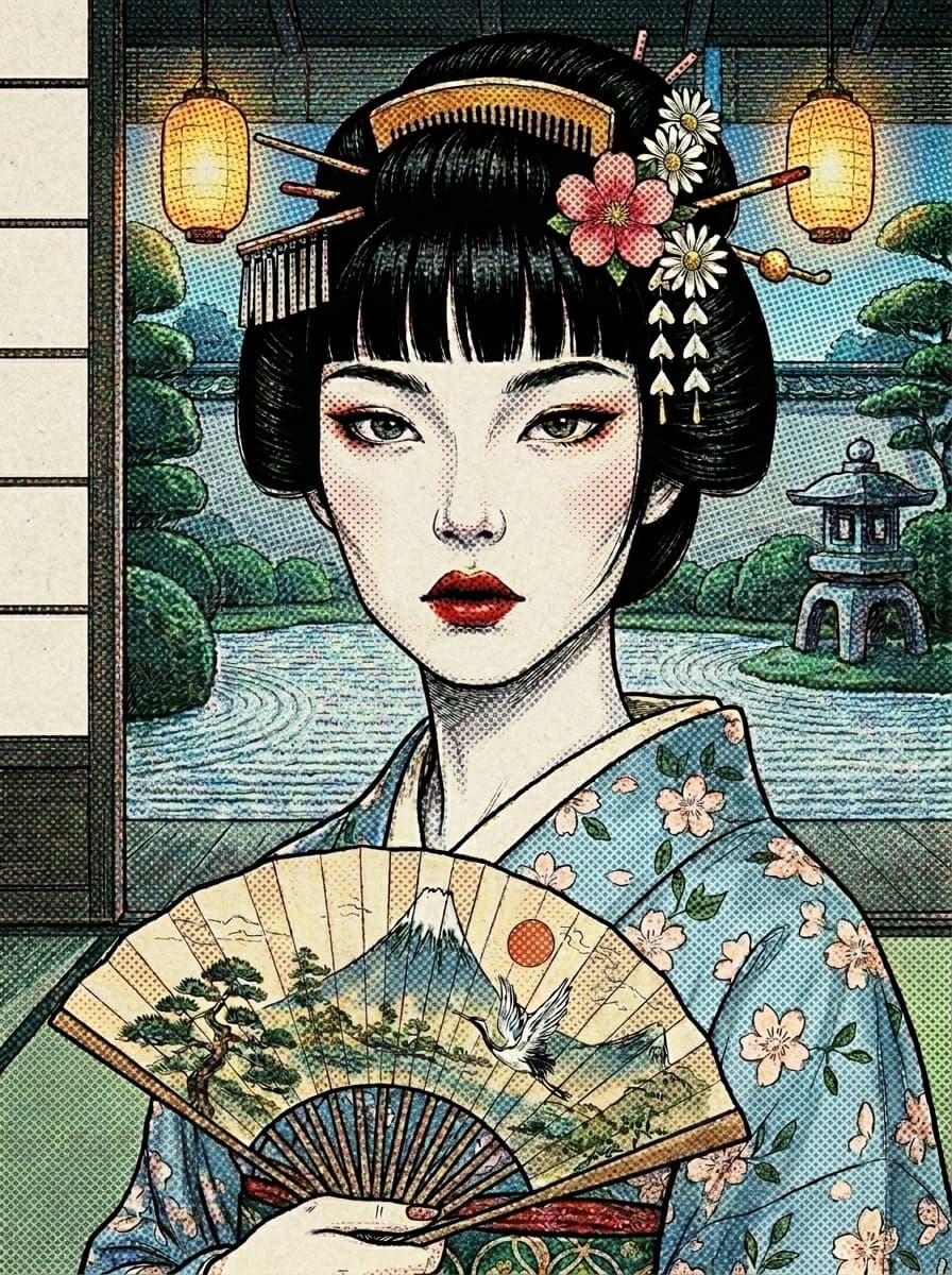 A #geisha I created by mixing two old AI images and another image and build upon it. Tried to imitate a #halftone #print effect. Made with Google Flow.