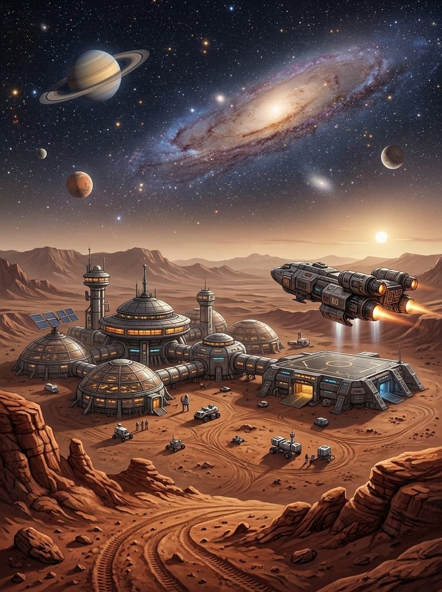Brought three of the Copilot images back to Google Flow and used the prompt: "Use this three images as an inspiration to create a mars landscape with some scientific buildings in front of a unisverse sky with a spaceship. Change the style from this comic style to a more futuristic and realistic illustration style with more realistic colors" and got this