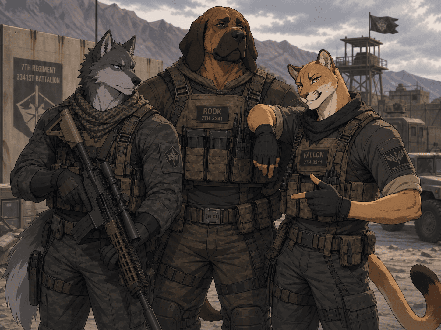 Crowhurst OCs -- Military Days, brothers in arms.
#claymercer #rookcalder #fallonbrannick #oc #originalcharacter #aiart #anthro #furry