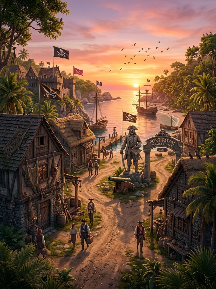Some #pirate #villages /// Prompt for image 1: historical heritage of a pirate village on a tropical island with palm trees, weathered robust wooden houses with thatched and shingle roofs, torn pirate flags, emblematic stone monuments, cultural legacy.
Photorealistic, ultra realistic DSLR photo, shot on Sony A7R V with 35mm lens, f/2.8, ISO 200, 1/500s, 8k.
Natural golden hour sunset, intense warm light, long soft shadows, clear sky, perfect visibility.
Candid documentary photography style, natural imperfections, subtle lens flare, slight chromatic aberration, realistic film grain.
Weathered wood texture, salt corrosion, muddy sandy ground, worn fabric, detailed skin pores.
Few scattered pirates walking, calm atmosphere, birds flying, abundant lush vegetation, dramatic clouds, atmospheric haze over water, vibrant but natural colors, high sharpness, well detailed, clear and defined elements.
--cfg 5.5 --steps 45 --negative "Modern architecture, people who are not pirates, 3d render, cgi, game art, digital art, illustration, cartoon, painting, smooth, perfect, symmetrical, blurry, lowres" --neg-weight 1.2 --denoise 0.65