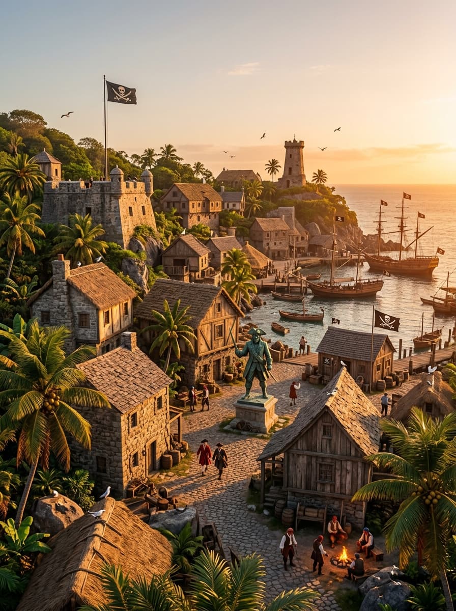 Some #pirate #villages /// Prompt for image 1: historical heritage of a pirate village on a tropical island with palm trees, weathered robust wooden houses with thatched and shingle roofs, torn pirate flags, emblematic stone monuments, cultural legacy.
Photorealistic, ultra realistic DSLR photo, shot on Sony A7R V with 35mm lens, f/2.8, ISO 200, 1/500s, 8k.
Natural golden hour sunset, intense warm light, long soft shadows, clear sky, perfect visibility.
Candid documentary photography style, natural imperfections, subtle lens flare, slight chromatic aberration, realistic film grain.
Weathered wood texture, salt corrosion, muddy sandy ground, worn fabric, detailed skin pores.
Few scattered pirates walking, calm atmosphere, birds flying, abundant lush vegetation, dramatic clouds, atmospheric haze over water, vibrant but natural colors, high sharpness, well detailed, clear and defined elements.
--cfg 5.5 --steps 45 --negative "Modern architecture, people who are not pirates, 3d render, cgi, game art, digital art, illustration, cartoon, painting, smooth, perfect, symmetrical, blurry, lowres" --neg-weight 1.2 --denoise 0.65