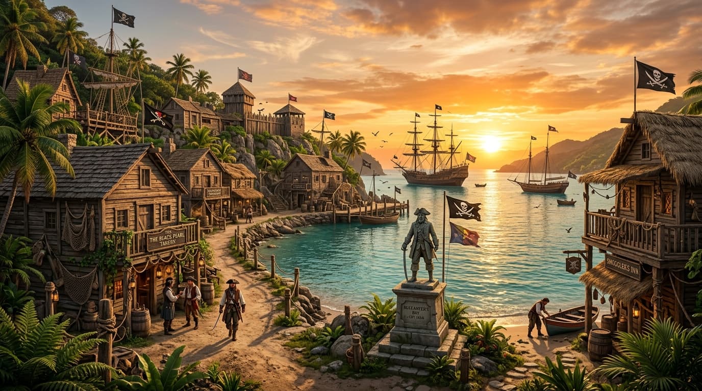 Some #pirate #villages /// Prompt for image 1: historical heritage of a pirate village on a tropical island with palm trees, weathered robust wooden houses with thatched and shingle roofs, torn pirate flags, emblematic stone monuments, cultural legacy.
Photorealistic, ultra realistic DSLR photo, shot on Sony A7R V with 35mm lens, f/2.8, ISO 200, 1/500s, 8k.
Natural golden hour sunset, intense warm light, long soft shadows, clear sky, perfect visibility.
Candid documentary photography style, natural imperfections, subtle lens flare, slight chromatic aberration, realistic film grain.
Weathered wood texture, salt corrosion, muddy sandy ground, worn fabric, detailed skin pores.
Few scattered pirates walking, calm atmosphere, birds flying, abundant lush vegetation, dramatic clouds, atmospheric haze over water, vibrant but natural colors, high sharpness, well detailed, clear and defined elements.
--cfg 5.5 --steps 45 --negative "Modern architecture, people who are not pirates, 3d render, cgi, game art, digital art, illustration, cartoon, painting, smooth, perfect, symmetrical, blurry, lowres" --neg-weight 1.2 --denoise 0.65