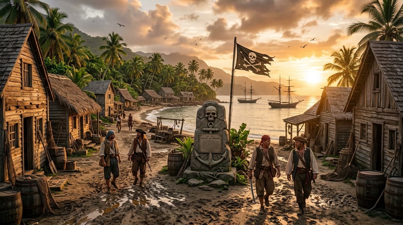 Some #pirate #villages /// Prompt for image 1: historical heritage of a pirate village on a tropical island with palm trees, weathered robust wooden houses with thatched and shingle roofs, torn pirate flags, emblematic stone monuments, cultural legacy.
Photorealistic, ultra realistic DSLR photo, shot on Sony A7R V with 35mm lens, f/2.8, ISO 200, 1/500s, 8k.
Natural golden hour sunset, intense warm light, long soft shadows, clear sky, perfect visibility.
Candid documentary photography style, natural imperfections, subtle lens flare, slight chromatic aberration, realistic film grain.
Weathered wood texture, salt corrosion, muddy sandy ground, worn fabric, detailed skin pores.
Few scattered pirates walking, calm atmosphere, birds flying, abundant lush vegetation, dramatic clouds, atmospheric haze over water, vibrant but natural colors, high sharpness, well detailed, clear and defined elements.
--cfg 5.5 --steps 45 --negative "Modern architecture, people who are not pirates, 3d render, cgi, game art, digital art, illustration, cartoon, painting, smooth, perfect, symmetrical, blurry, lowres" --neg-weight 1.2 --denoise 0.65