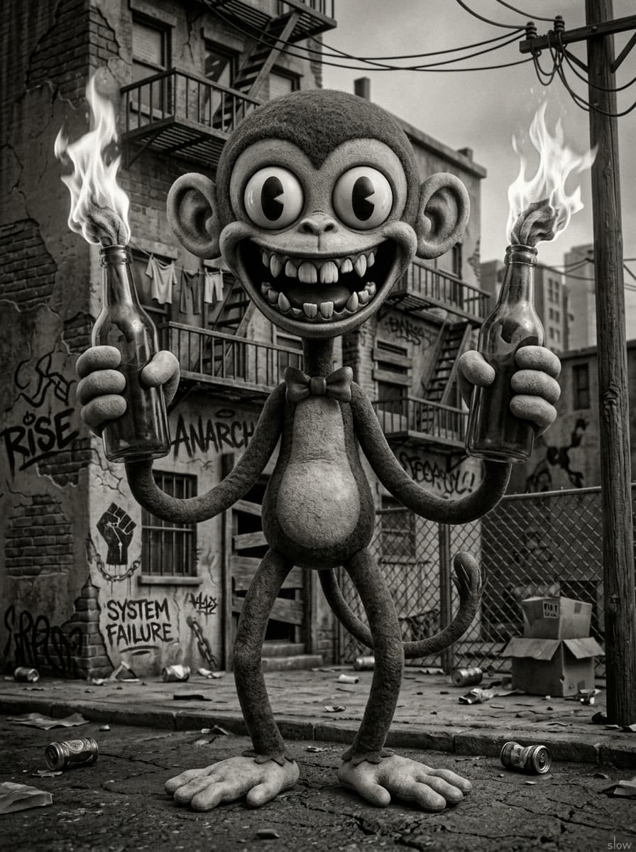 A more realistic reinterpretation of the rubberhose style #Google_Flow #rubberhose #realism #monkey #weird #greyscale #urban