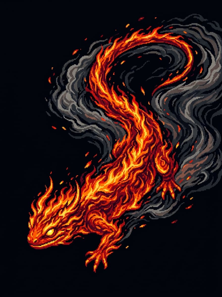 One experiment that I did with a slightly changed prompt from @Kellybrokit that she used for her incredibleb looking frog. I used: Red fire painting on a black background, fire in the shape of a Salamander, fire, fire painting, smoke, smoke texture, smoke flow animation, pixel graphics, 4k, high resolution. Made with Google Flow - more will follow.