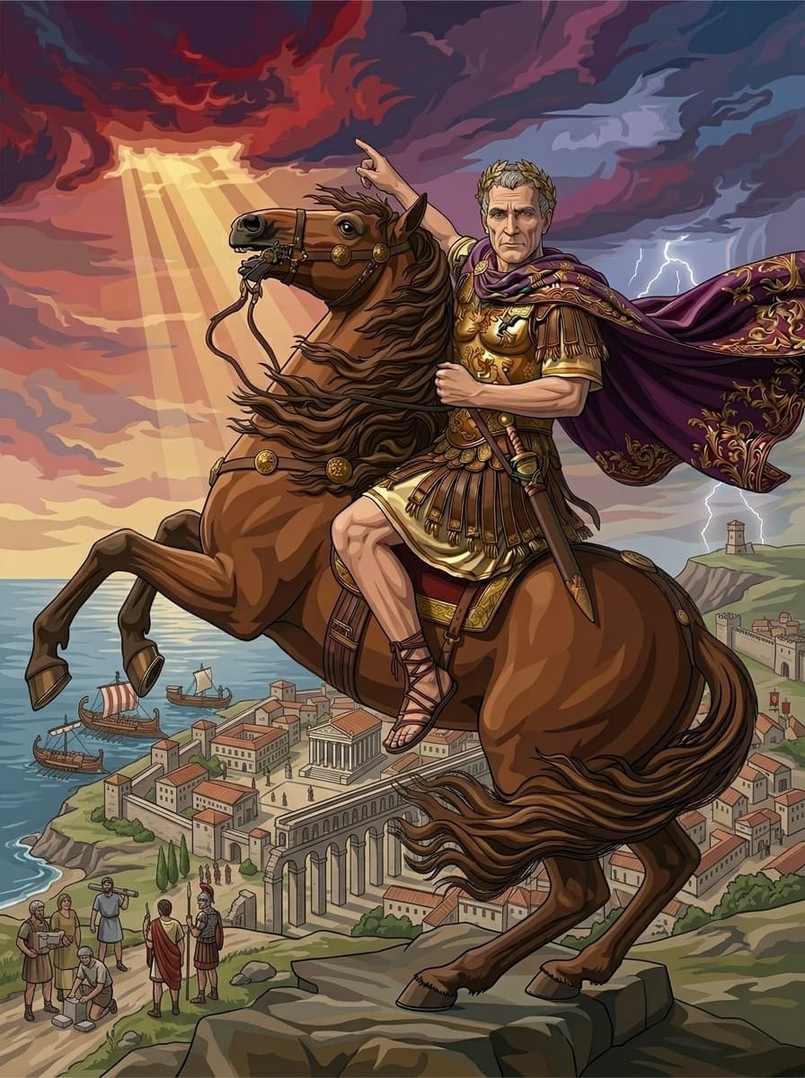 When #Napoleon mutates into #Julius #Caesar. Reworked the famous painting of #Jaques-Louis #David (https://upload.wikimedia.org/wikipedia/commons/thumb/f/fd/David_-_Napoleon_crossing_the_Alps_-_Malmaison2.jpg/960px-David_-_Napoleon_crossing_the_Alps_-_Malmaison2.jpg). Made with Google Flow.