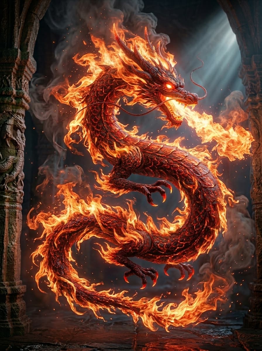 Another experiment with the prompt from @kellybrokit she used for her frog. This time I changed green to neon red and frog to #chinese #dragon in a classical pose. Added some unreal engine, realism and more organic flames to the result. Made with Google Flow