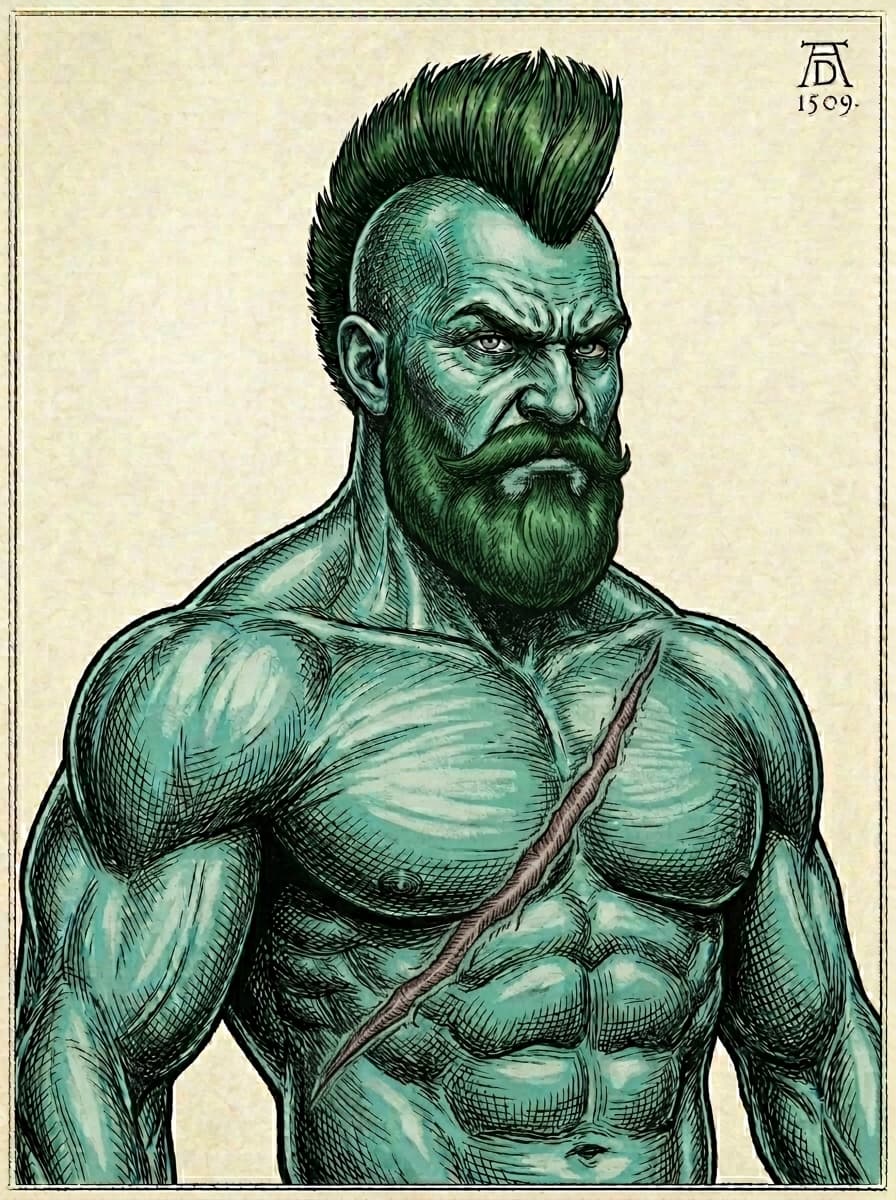 Some parts of a character evolution. Started with realism and got this # manga #dürer and unreal engine mixed #bearded #muscular #punk guy with a #scar