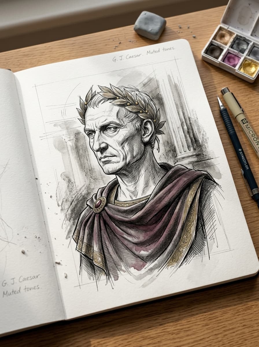 Reworked my Caeser image into a sketchbook sketch. Modified the great prompt from this reddit post for it:
https://www.reddit.com/r/AI_Forge/s/PbETEawe0K