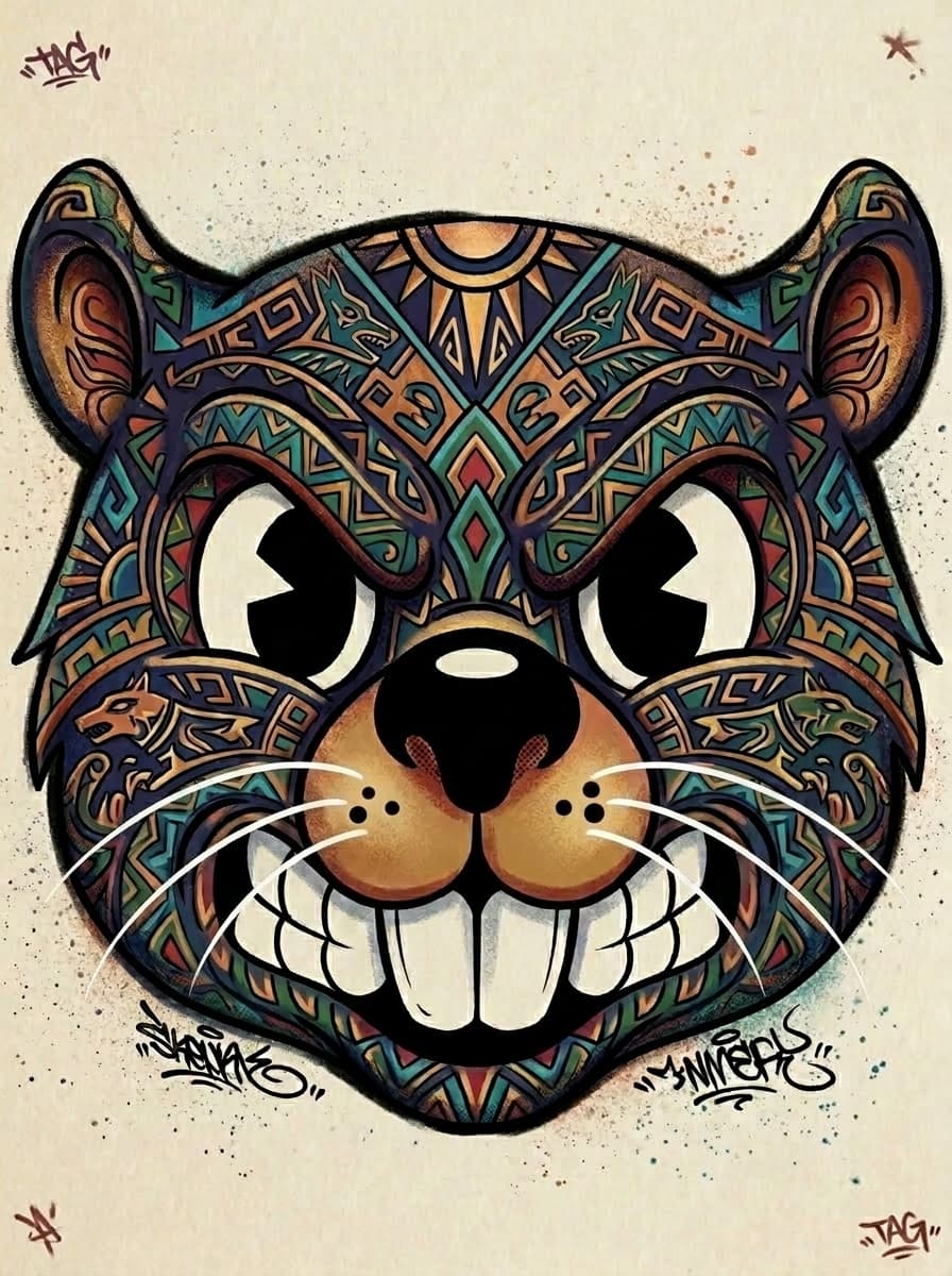 #Streetart inspired #rubberhose style #beaver with #ethno #patters.. next tatoo for @oceanman 😁 but I think the pattern is still not symmetrical enough (may I'll try to create it new)