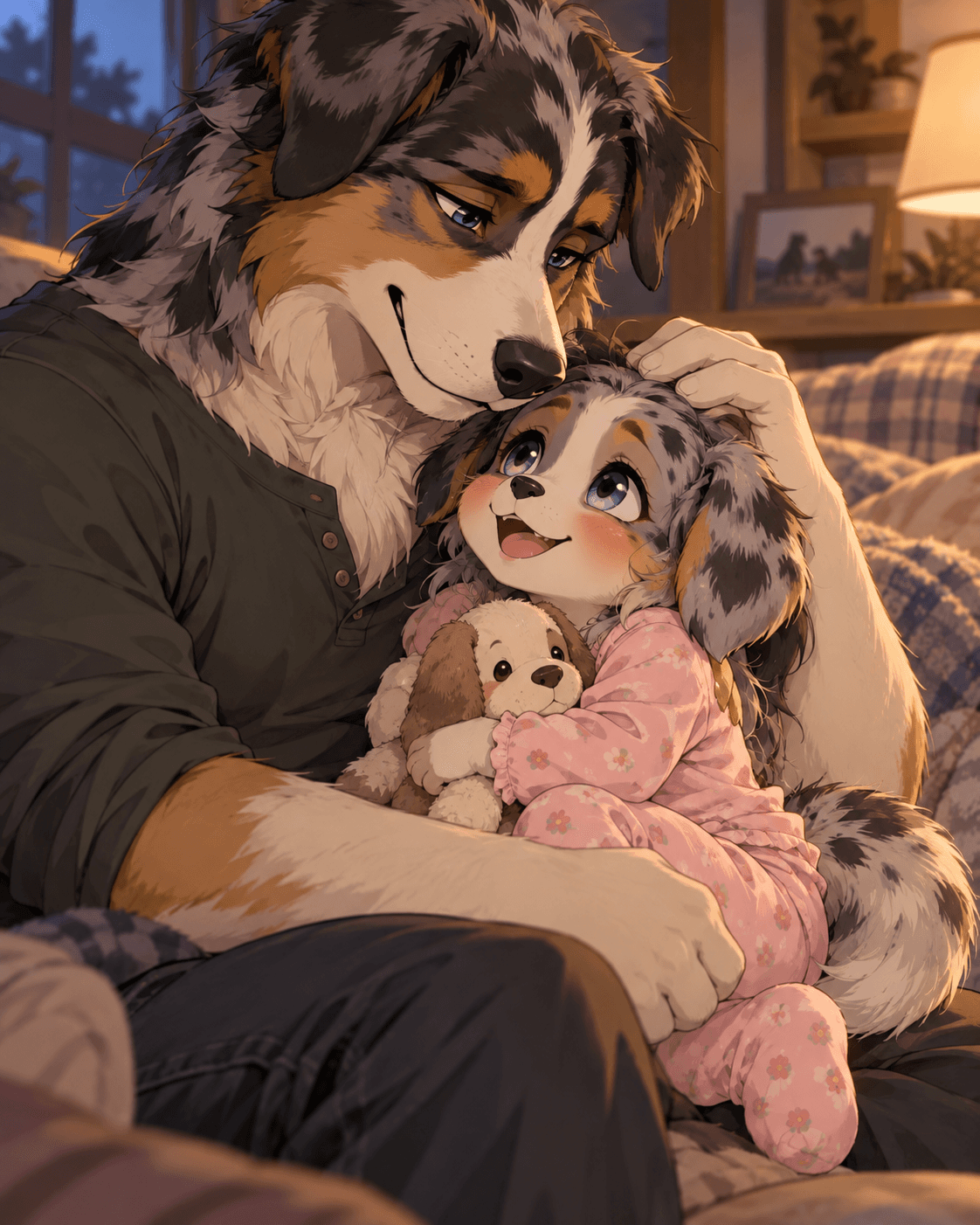 Abby Mae's little life, before she was adopted at age 4 by Rook after her birthfather's death when she was 2 #aiart #oc #originalcharacter #anthro #furry #canine #bluemerle #sheltie #fatheranddaughter #fatherdaughter #abbymaecalder #childhood