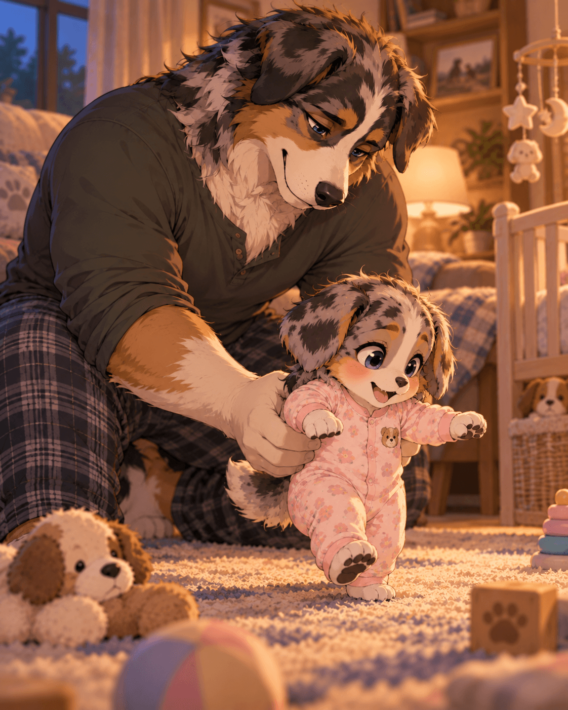 Abby Mae's little life, before she was adopted at age 4 by Rook after her birthfather's death when she was 2 #aiart #oc #originalcharacter #anthro #furry #canine #bluemerle #sheltie #fatheranddaughter #fatherdaughter #abbymaecalder #childhood