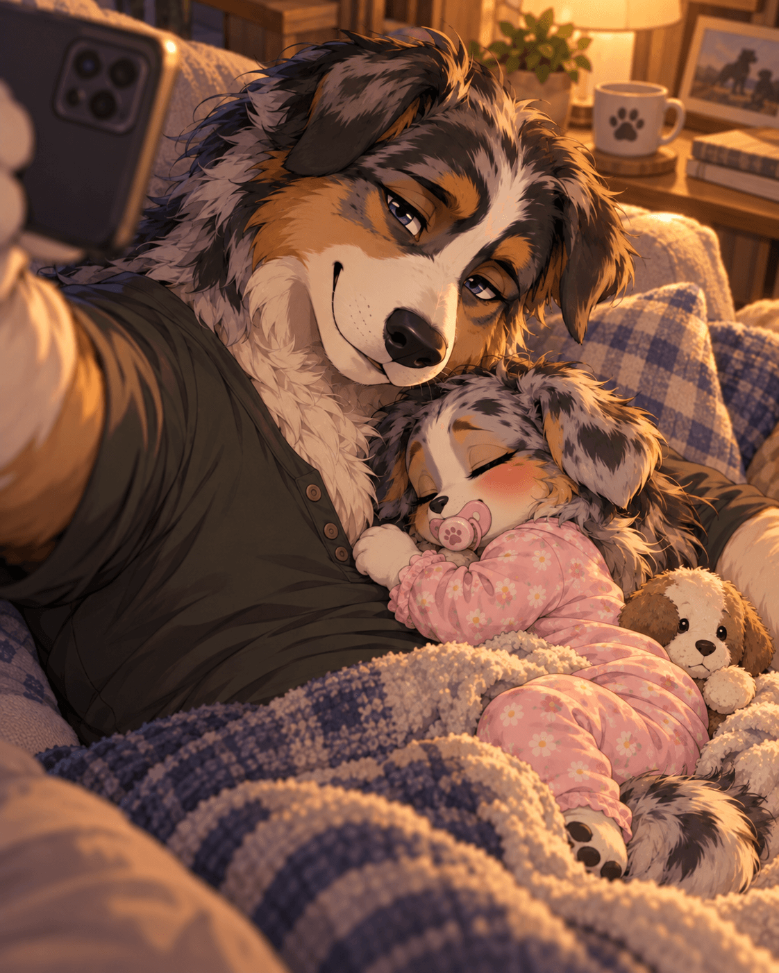 Abby Mae's little life, before she was adopted at age 4 by Rook after her birthfather's death when she was 2 #aiart #oc #originalcharacter #anthro #furry #canine #bluemerle #sheltie #fatheranddaughter #fatherdaughter #abbymaecalder #childhood