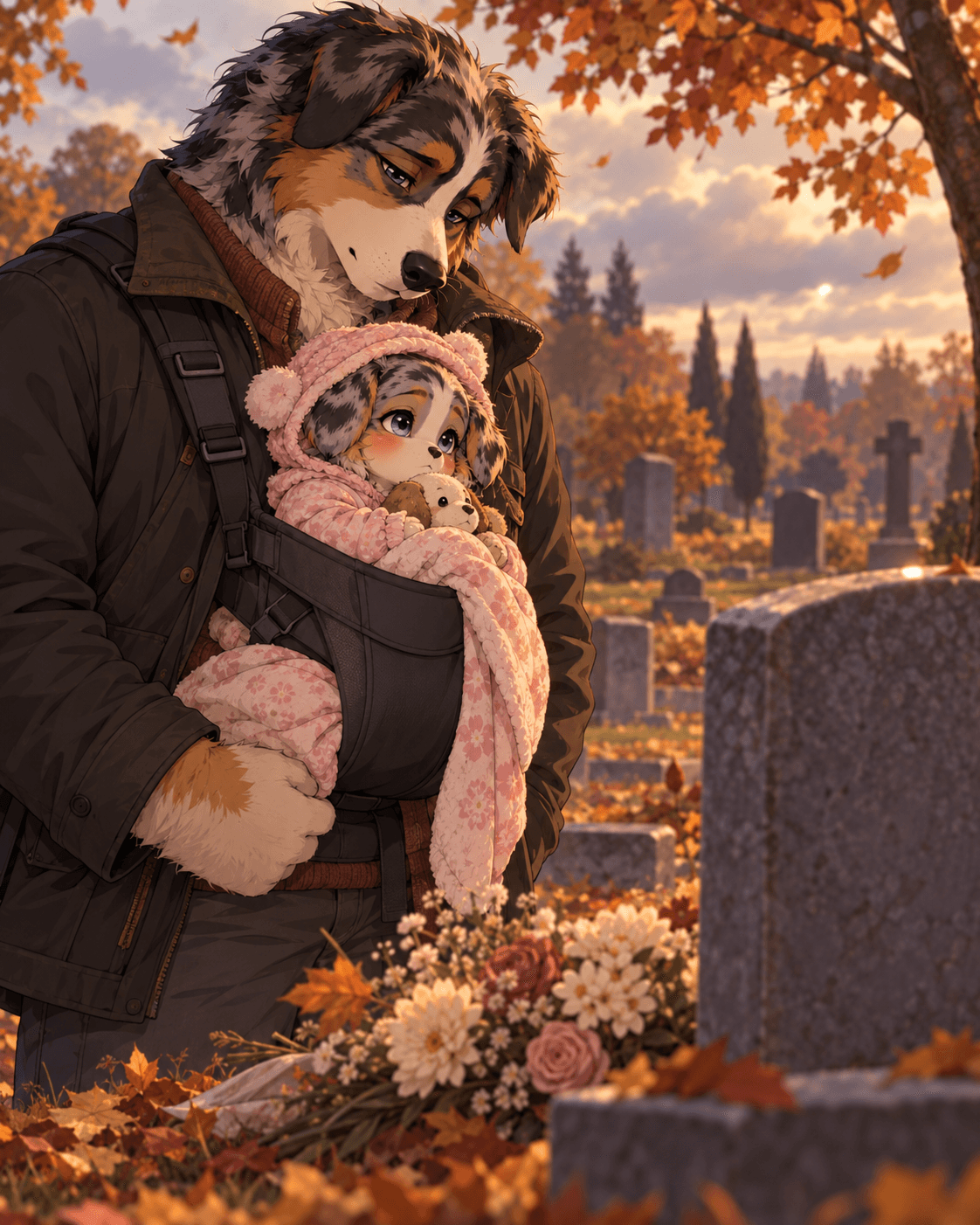 Abby Mae's little life, before she was adopted at age 4 by Rook after her birthfather's death when she was 2 #aiart #oc #originalcharacter #anthro #furry #canine #bluemerle #sheltie #fatheranddaughter #fatherdaughter #abbymaecalder #childhood