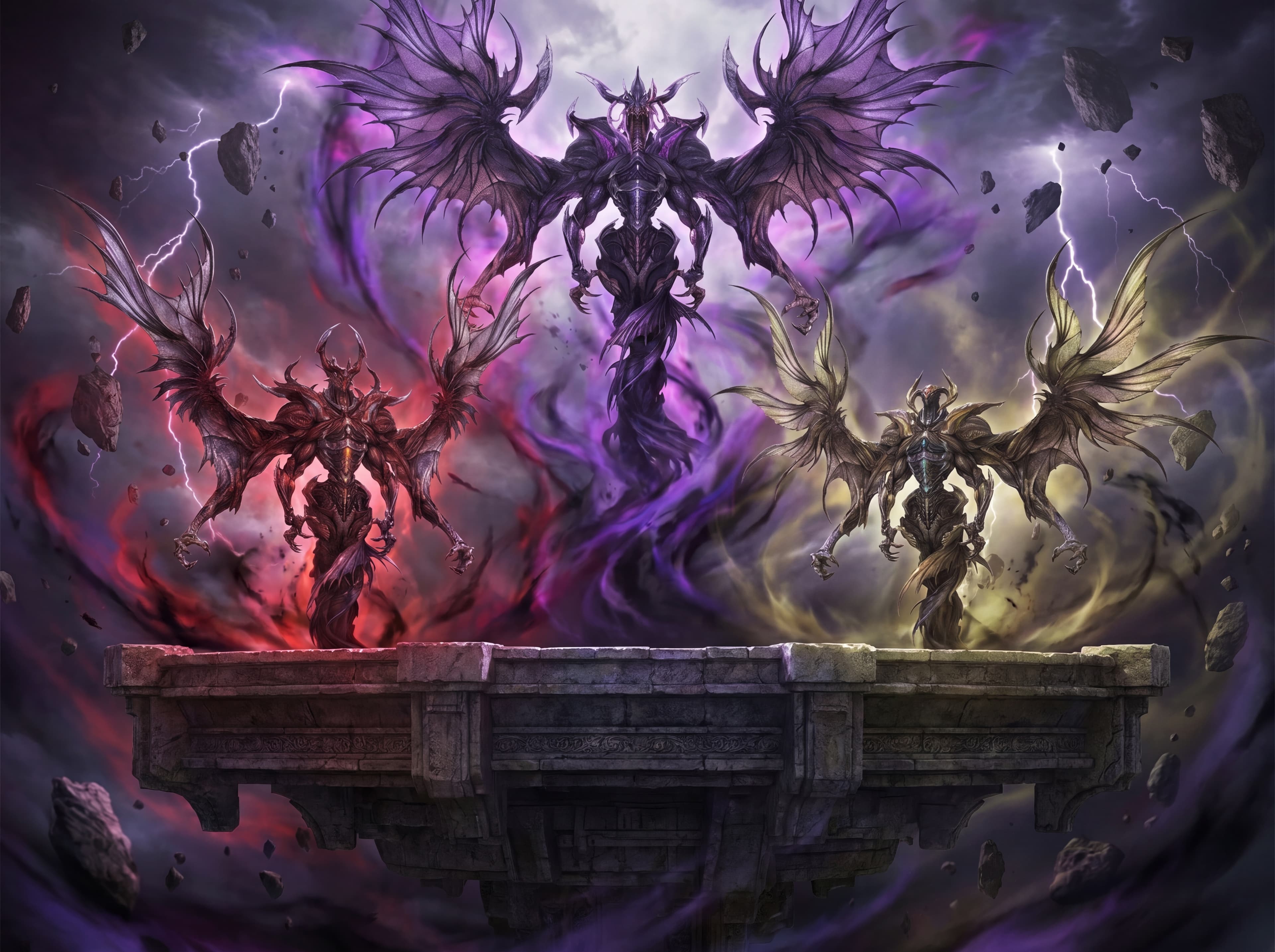 The Bahamut trio from Final Fantasy XIII-2, final boss (Jet Bahamut (purple), Garnet Bahamut (red) and Amber Bahamut (yellow)