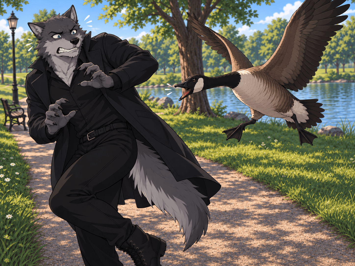 Crowhurst OCs: #claymercer HATES birds, especially geese. For all his composure and rigid control, these winged beasts easily unrattle him much to his annoyance. #oc #anthro #furry #bird #goose #originalcharacter #aiart