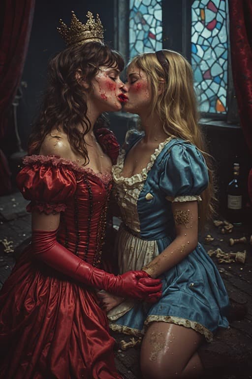 Alice in Wonderland and the Queen of Hearts, completely rewritten prompt, made in MonAI