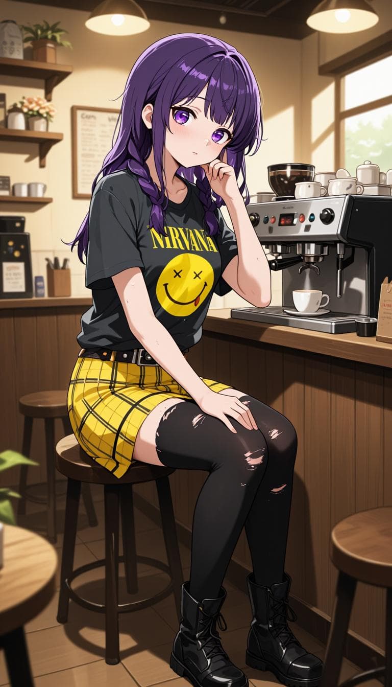 Kiko finished another café shift: cleaned everything, did inventory, made coffee for the guests… and now she’s sitting there with absolutely no idea what cosplay to do this month ☕💜