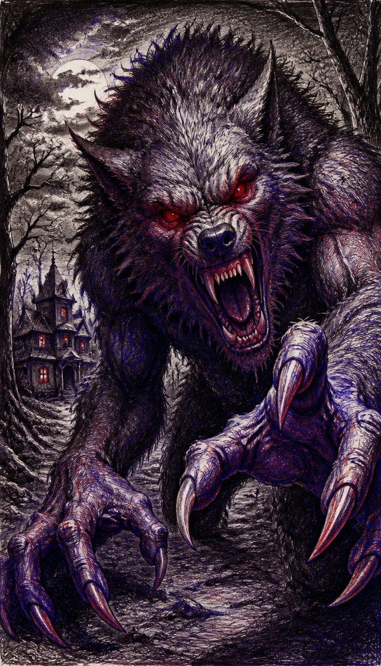 Werewolf made on NightCafe https://creator.nightcafe.studio/creation/l8F4dksIGaH4OTwNBt3y/template-pen-and-charcoal-art?ru=Meh-