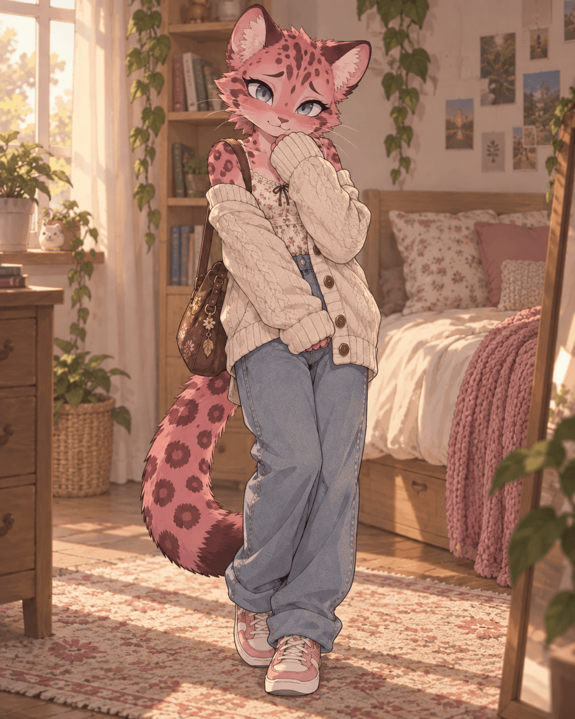 New fursona concept just dropped! Meet Roux, a Tilcayo (new kitty species recently unlocked! SO tiny and cute, go look it up!) sweetie who loves cozy things, cute things, pink things, and fake plants (because her green-thumb is non-existent and the poor things wouldn't last). #furry #anthro #fursona #persona #sona #aiart #tilcayo #cat #feline #kitty