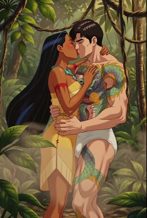 Crying Freeman and Pocahontas french kissing